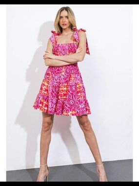 Flying Tomato Pink & Orange Tie-Dye Smocked Mini Dress